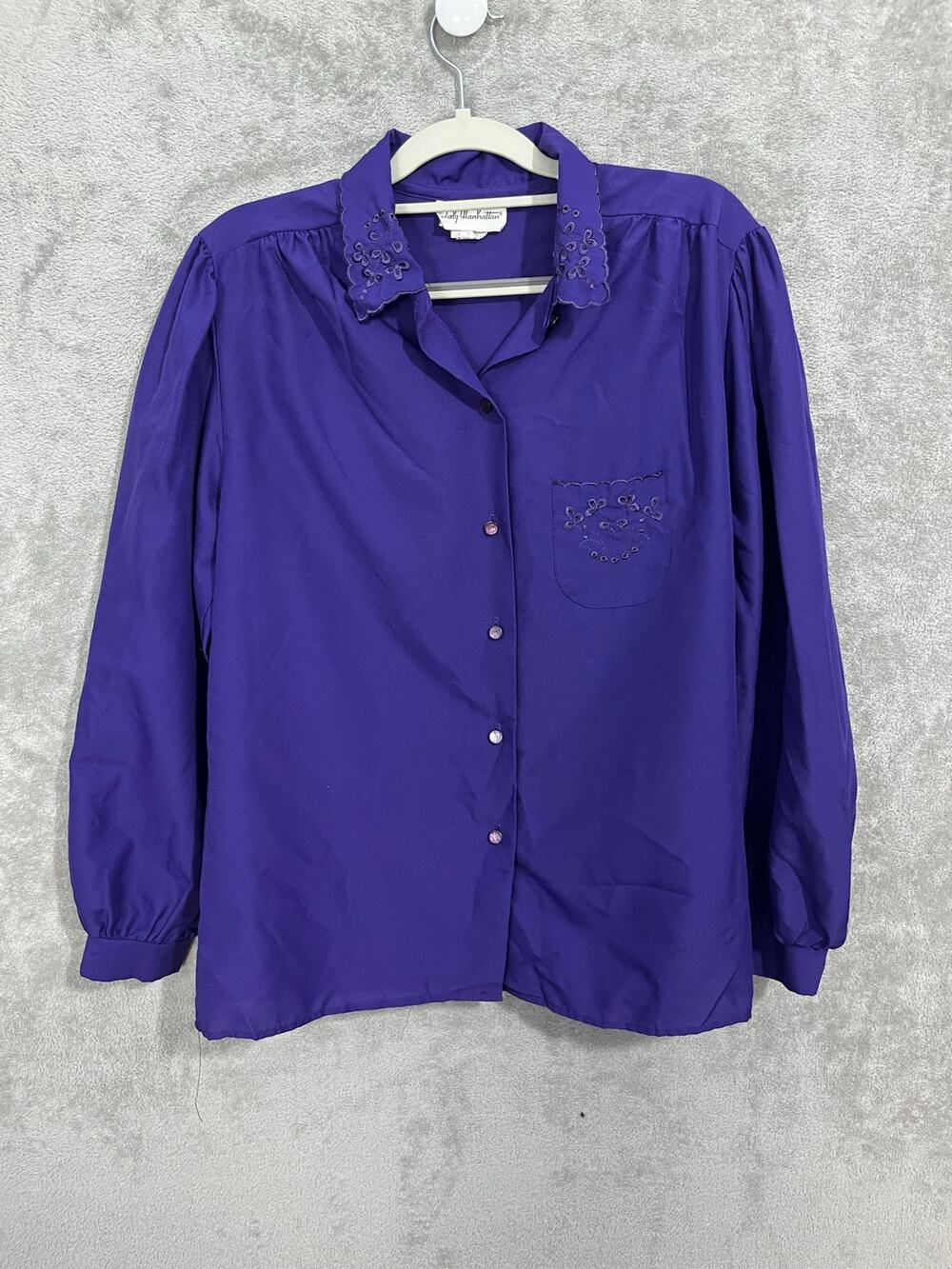 VTG Lady Manhattan Blouse Size 14 Purple Floral Embroidered Academia Office